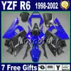 Niestandardowy zestaw dochodów dla YZF-R6 98-02 Yamaha YZF600 YZF R6 1998 1999 2000 2001 2002 Black Blue Motorcycle Fairings Set GG36 +7 prezenty