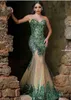 Hot Sexy Dark Emerald Green Sequined Mermaid Evening Dresses Sweetheart Zipper Tillbaka Beaded Champagne Chapel Train Arabic Prom Lugnar