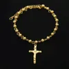Religioso aço inoxidável banhado a ouro 6mm / 8mm frisado rosário cruz bracelete de charme para homens mulheres 8.26