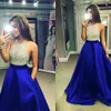 2017 Royal Blue Gorgeous Arabic Prom Dresses Halter with Beads Top A Line Satin Backless Pageant Party Gowns Long Formal Evening Dresses