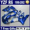 Gratis fraktfeedningar för Yamaha YZF-R6 1998-2002 YZF 600 YZFR6 98 99 00 01 02 Blå vit Fairing Body Kits VB95