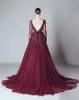 Alfazairy 2016 Burgundia Koronki Długim Rękawem Suknie Wieczorowe Sexy Backless 3d-Floral Aplikacje Koraliki Tulle Odpinany Spódnica Custom Made EN121714