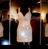 Cristal brilhante 2016 Curto Vestidos de Baile Desgaste da Noite 3 Cores Major Beading Backless Bling Bling Menina Prom Vestidos Plus Size