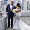 African Elegant Plus Size Lace Mermaid Wedding Dresses Off The Shoulder Tulle Appliqued Court Train Bridal Gowns Robe de soriee