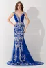 Shede Mermaid Royal Blue Tulle Prom Avondjurk 2015 Off Shoulder Formal Party-jurken met unieke kralen pailletten Elegantnew jurken BZP0436