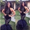 Black Halter Bodice Mermaid Prom Dresses Trompet Organza Formele avondjurken met ruches Kralen backless Celebrity Vestidos