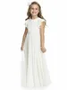 Billiga Ivory Flower Girl Dresses Unga Flickor Junior Bridesmaid Ruffled Sleeved Ruched Chiffon Lång Bröllopsfest Formellt Slitage med Sash