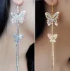 Musujące posrebrzane biżuteria panna młoda Diamentowe Motyl Kolczyki Crystal Double Butterfly Długi Tassel Kolczyk Dla Kobiet Party Ucha Biżuteria