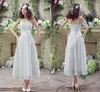 2016 Lace Short Wedding Dresses Strapless A Line Sexy Back with Handmade Flower Ankle Length Summer Beach Cheap Bridal Gowns CPS240