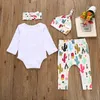 Söt baby flicka kläder set nyfödda baby outfits brev romer jumpsuit + långa byxor + huvudband + hatt 4pcs bomull tjejer sätta tjejer kläder