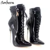 Kobiety Wysokie Cienkie Buty Plus Rozmiar Patent Lace Up Ladies Party Boots Sexy Botki Skostnieniowe Wskazał Toe Fashion Boot Mapest