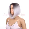Moda Dantel Ön Peruk Ombre SiyahGri 12 inç Düz Kısa Bob Futrua Isıya Dayanıklı Sentetik Saç kadınlar için peruk