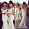 Eleganta sjöjungfrun spets brudtärna klänningar sexig utanför axel Backless Wedding Prom-kappor för Bridemaid Vestidos de Noiva Bo7388