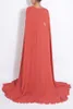 Spring Modest Muslim Long Dress Coral Chiffon Evening Dresses A Line Surplice V Neck Prom Gowns with Cape Sweep Train Custom Made