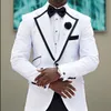 Hot Sale Groom Tuxedos 2015 White Morning Wedding Suits with Black Lapel Best Mens Prom Formal Occasion Suits (Jacket+Pants+Bow Tie+Hanky)