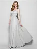 Silver Floor-length Illusion Half Sleeve Chiffon and Tulle A-line Mother of the Bride Dress V-neck Appliques and Beading Mother's Dresses