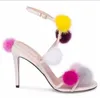 2017 mulheres da moda corte pom pom sandálias dedo aberto sandálias gladiador do partido sapatos de salto fino doce rosa de salto alto sapatos de peles de bola