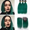 Ombre Black Dark Green Hair 3 Bundles With 4x4 Closure Silky Straight Virgin Human Hair Weft Extension With 1B Green Closure 4x4