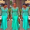 Encantador Aso Ebi Verde Das Mangas Longas Vestidos de Noite Sheer Pescoço Pescoço Lace Appliques Beads Sereia Vestidos de Prom Adesivos Africano Plus Size Party Dress Formal