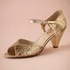 ゴールドグリッタースパーク結婚式の靴の手作りパンプスレザーソール快適なポンプつま先2.5 "レザーラップコーンヒール女性サンダルダンスシューズ