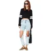 Wholesale-New Harajuku Women Crop Tops PU Leather Patchwork Long Sleeve Casual Loose Pullover Sweatshirt Moleton Feminino Black/White