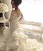 Jewel Applique Sweep Train Tiered Skirt Sexy Mermaid Wedding Dresses Long Sleeves 2018 Custom Made Wedding Gowns