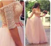 Hot Sale Blush Pink Prom Dresses A Line Off the Shoulder Lace Tulle Floor Length Long Formal Evening Gowns Pearls Sleeves Sash