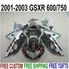 Perfekt passform för SUZUKI GSXR600 GSXR750 2001-2003 Plastfeedningar Set K1 01 02 03 GSX-R 600 750 Silver Black Fairing Kit XA89