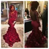Romantic Red Evening Dress Mermaid With Rose Floral Ruffles Sheer Prom Gown With Applique Long Sleeve Prom Dresses With Bra Sweep Train