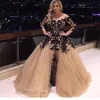 Champagne Off Shoulder Prom Dress Prachtige Afneembare Trein Zwart Kant Applique Lange Mouw Feestjurk Sexy Mode Mermaid Avondjurken