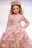 2018 Guld Sequined Ball Gown Girls Pageant Klänningar Långärmad Toddler Flower Girl Dress Pink Floral 3D Appliques First Communion Grows