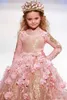 2018 Guld Sequined Ball Gown Girls Pageant Klänningar Långärmad Toddler Flower Girl Dress Pink Floral 3D Appliques First Communion Grows