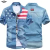 summer style Fashion Solid Short-sleeved Shirt Flag Male Casual fitness Camisa Jeans Masculina Turn-down Denim Shirt