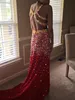 Glitter Shining Champagne Red Prom Dresses Sexy Slit Party Graduation Dress V Neck Formal Evening Dresses vestidos formatura Beaded Crystal