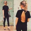 Wholesale- 2016 new Cute Women Blouse 2016 Fashion black Open Back Sexy tops short Sleeve Shirt Women Summer Clothes Free shipping