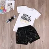 Coole Baby-Kleidungssets für Mädchen, Baumwoll-T-Shirt + Pailletten-Shorts + Stirnband, 3-teiliges Mädchen-Outfit, „Got it From My Mama“, Sommer-Kinderkleidungsset 2-6T