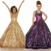 2015 Sequin Shining Long Puffy Ball Gown Pageant Klänningar för små tjejer Högkvalitativ halter golvlängd Formell klänning Flower Girl Dresses