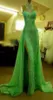 Sprankelende Mint Groene Kant Avondjurk Voorkant Split Kristallen Rhinestones Mermaid Prom Dresses Hoge Hals Halter Sexy Formele Kleding