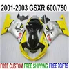 SUZUKI GSXR600 용 핫 풀 페어링 키트 2001 2002 2003 K1 옐로우 실버 블랙 플라스틱 페어링 세트 GSX-R600 / 750 01-03 EF3