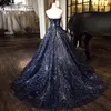 Dark Navy Ball Gown Prom Dresses Strapless Lace-up Back Sweep Train Shining Sequins Beads Long Evening Dress Real Pictures Quinceanera Dress