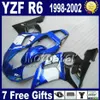 GRATIS VERZENDING VALINGEN SET VOOR YAMAHA YZF-R6 1998-2002 YZF 600 YZFR 6 98 99 00 01 02 BLAUWE WHITE FUNLING BODY KITS VB95