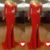 Sexy rode zeemeermin avondjurken Off Shoulder Longprom Jurken met Side Spleet Lange Mouwen Court Train Formele Feestjurken