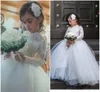 Piękny Wedding Party Flower Girl Dresses High Neck Długi Rękaw Princess Aplikacje Koronki Kwiat Dziewczyny Dress Dzieci Formalne zużycie