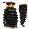 Филиппинские девственные волосы глубокая волна с закрытием 7А необработанные вьющиеся человеческие волосы плетения 3 пакета и 1 час топ кружева натуральный черный уток