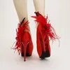 Stiletto Hak Platforms Rode Satijn Bruids Schoenen Glitter Bloem Veer RONND Teen Trouwjurk Schoenen Dames Pumps True Size