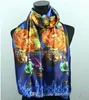 1pcs Gold Flower Royal Blue Purple Scarves Women's Fashion Satin Oil Painting Long Wrap Shawl Beach Silk Scarf 160X50cm