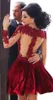 2016 Short Burgundy Formal Homecoming Dresses Lace Applique Crew Neck Tulle Long Sleeves Satin A-Line Knee Length Cocktail Party Gowns