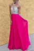 Sexy Crystal Halter Chiffon Evening Dresses Latest Sleeveless Long Popular Fuchsia Prom Gowns Floor Length Backless Special Occasion Dress