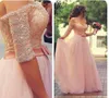 Middle East Arabic Long Evening Dresses Off The Shoulder Half Sleeves Lace Tulle Beads Pearls Ribbons Long Prom Dresses Pageant Go8985187