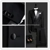 Kruvaze Yan Yarık Siyah Damat Smokin Şal Yaka Groomsmen Erkek Düğün Balo Business Suits (Ceket + Pantolon + Kuşak + Kravat) No: 2599